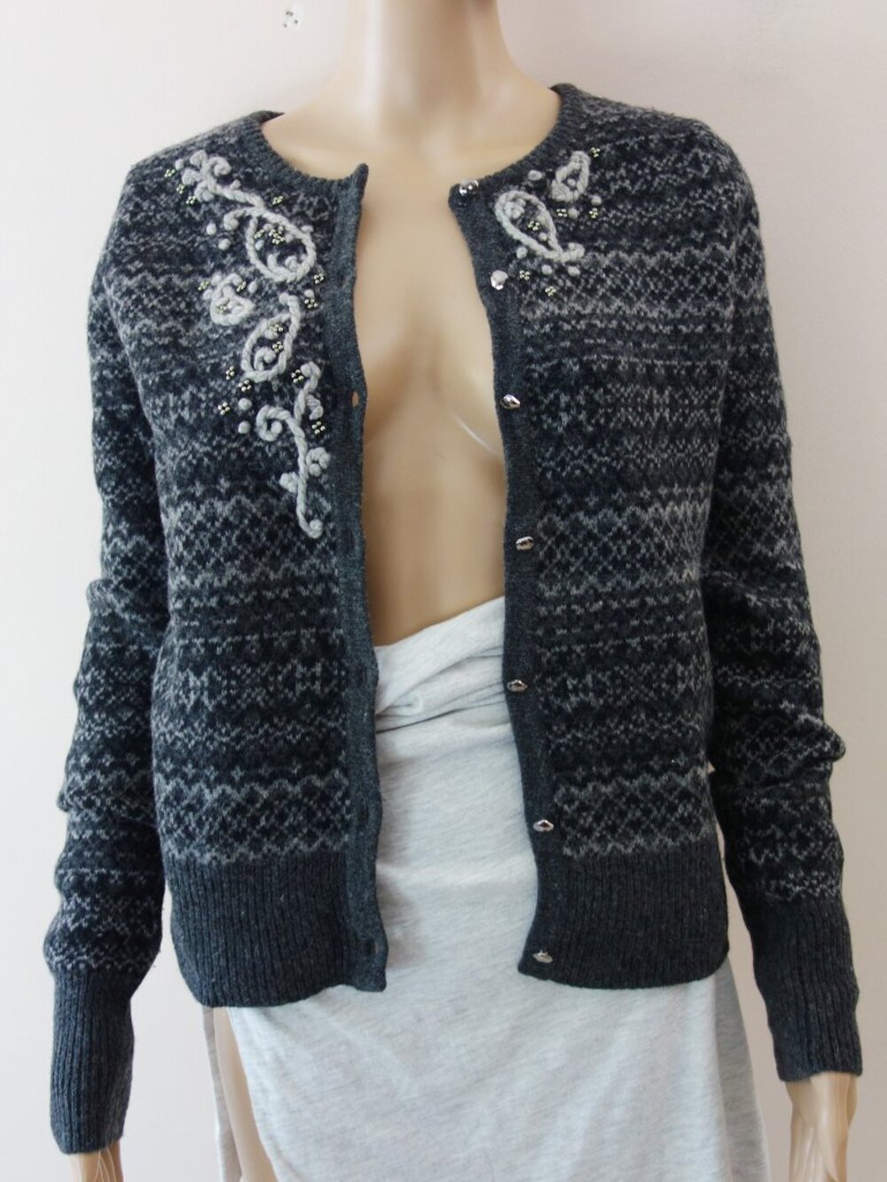 Eddie Bauer Grey Nordic Embroidered Lambswool Blend Cardigans (S) EUC